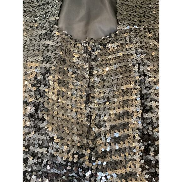 Black Sequins Open Back Ruffle Hem Evening Formal Dress 4 Structured Shoulders - Picture 9 of 10